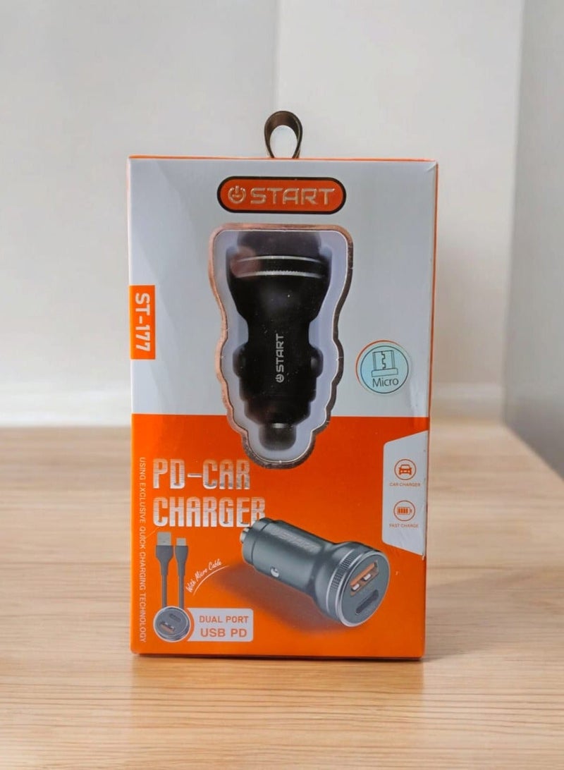 ستارت شاحن سيارة ثنائي المنافذ USBو  PD تايب سي بتقنية الشحن السريع 3 أمبير مع كابل ميكرو يو اس بي - Image 2